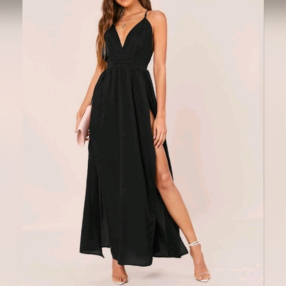 New Chic Dramatic Double Split Leg Halter Cami Dress Deep Plunge Black - Picture 5 of 10